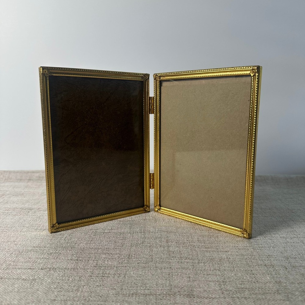Vintage Brass Double Picture Frame 5x7 | Ornate Hinged Folding Frame